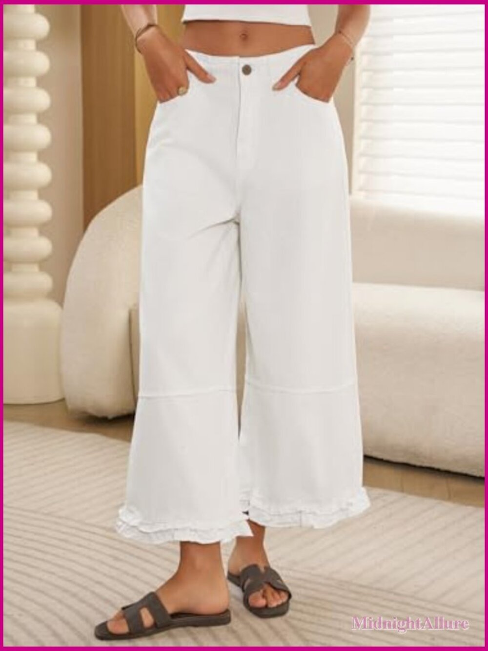 Ruffle Wide Leg Cropped Jeans High Waisted Baggy Denim Pants with Pockets - Picture 3 of 7
